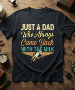 JUST A DAD Who Always Came Back WITH THE MILK T-Shirt design featuring retro typography and a milk carton with