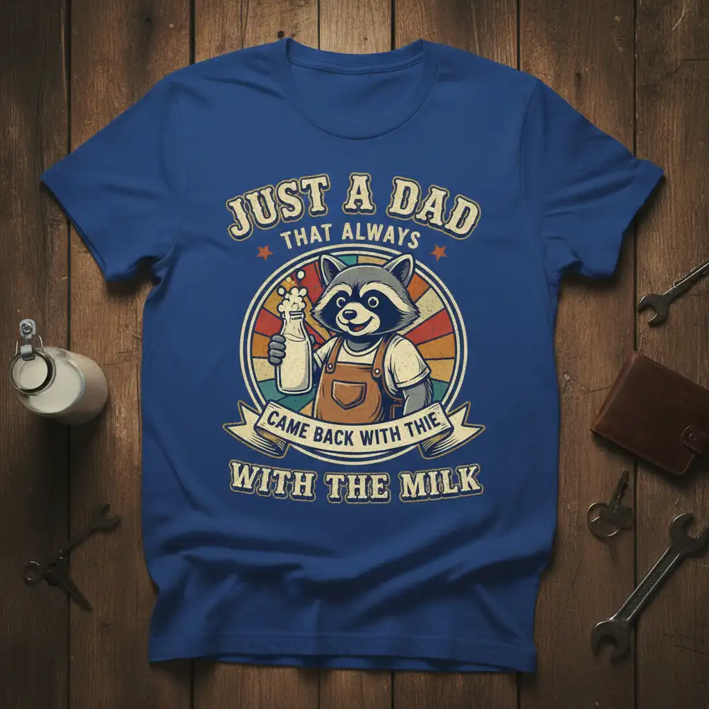 Just a Dad That Always Came Back with the Milk quote with raccoon holding milk bottle graphic