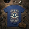 Just A Dad Who Always Came Back With The Milk quote on a t-shirt, featuring a vintage illustration of a