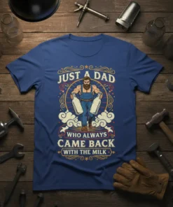Just A Dad Who Always Came Back With The Milk quote on a t-shirt, featuring a vintage illustration of a