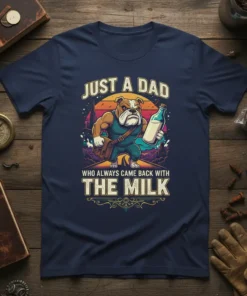 Just A Dad Who Always Came Back With The Milk t-shirt design featuring a muscular bulldog holding a milk bottle