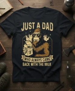 Just A Dad Who Always Came Back With The Milk text with bigfoot holding milk carton graphic on black t-shirt