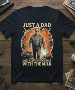Just A Dad Who Always Came Back With The Milk t-shirt featuring a vintage-style illustration of a man walking with