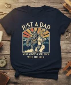 Just a Dad Who Always Came Back With The Milk quote on a navy t-shirt with a vintage rhino graphic