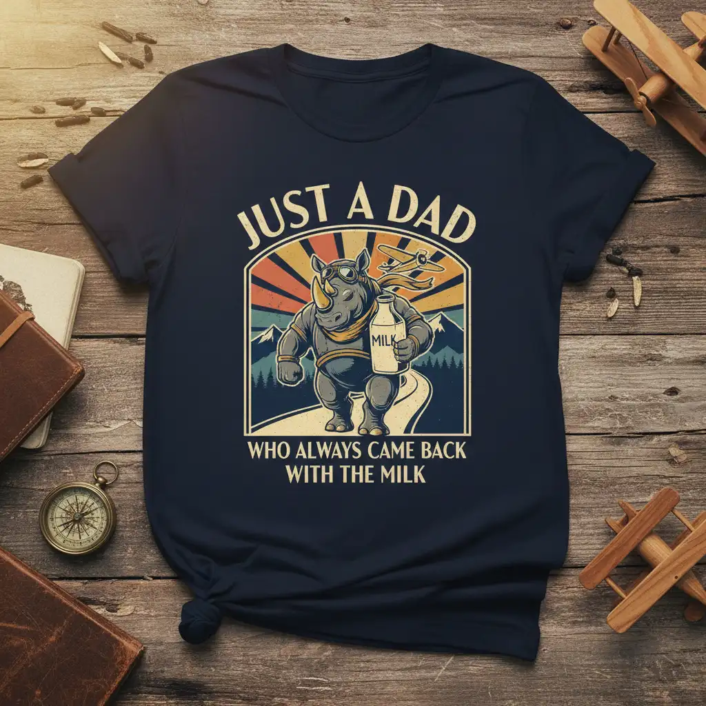 Just a Dad Who Always Came Back With The Milk quote on a navy t-shirt with vintage rhino illustration