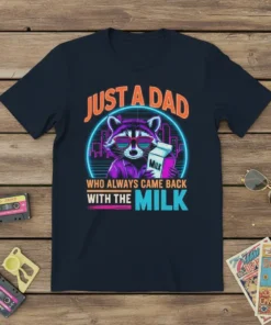 Retro raccoon wearing sunglasses holding a milk carton, text reads "Just a Dad Who Always Came Back With The Milk"