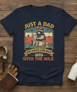 Retro t-shirt design: JUST A DAD WHO ALWAYS CAME BACK WITH WITH THE MILK, featuring a raccoon pilot holding milk