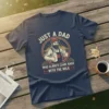 Graphic t-shirt design with text "JUST A DAD WHO ALWAYS CAME BACK WITH THE MILK" and an illustration of a