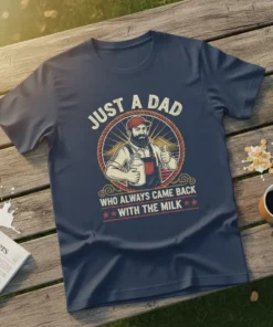 Graphic t-shirt design with text "JUST A DAD WHO ALWAYS CAME BACK WITH THE MILK" and an illustration of a