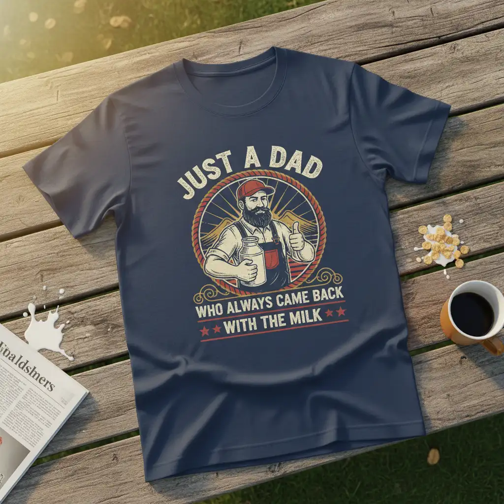 Just A Dad Who Always Came Back With The Milk quote on a vintage dad t-shirt design with milk jug illustration