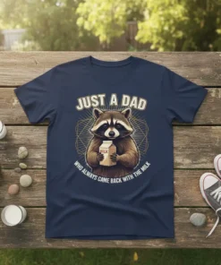 T-shirt design with text "JUST A DAD WHO ALWAYS CAME BACK WITH THE MILK" and a raccoon holding a milk