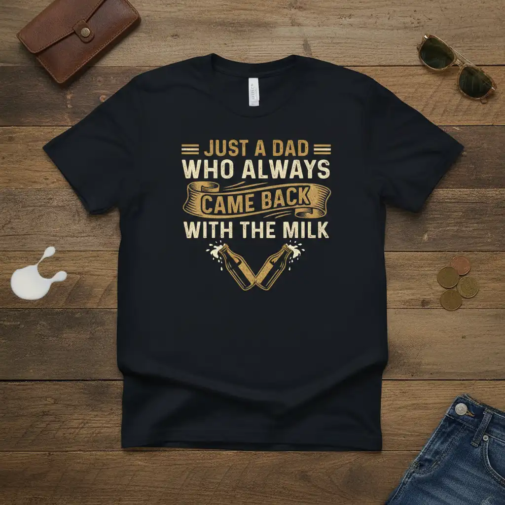 Just A Dad Who Always Came Back With The Milk quote on black t-shirt with vintage milk bottle graphics