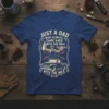 Just A Dad Who Always Came Back With The Milk quote on a dark blue t-shirt with vintage truck graphic