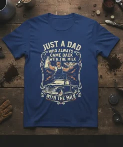 Just A Dad Who Always Came Back With The Milk quote on a dark blue t-shirt with vintage truck graphic