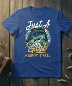 Just A Girl Keepin' It Reel fishing t-shirt design with a bass fish graphic and fishing rods