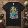 Just a girl that loves to Travel quote on a black t-shirt with colorful illustrations of landmarks and luggage