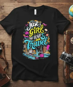 Just a girl that loves to Travel quote on a black t-shirt with colorful illustrations of landmarks and luggage