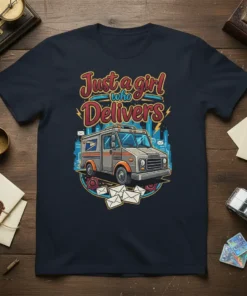 Just a girl who Delivers text with a postal truck graphic and envelopes on a navy t-shirt
