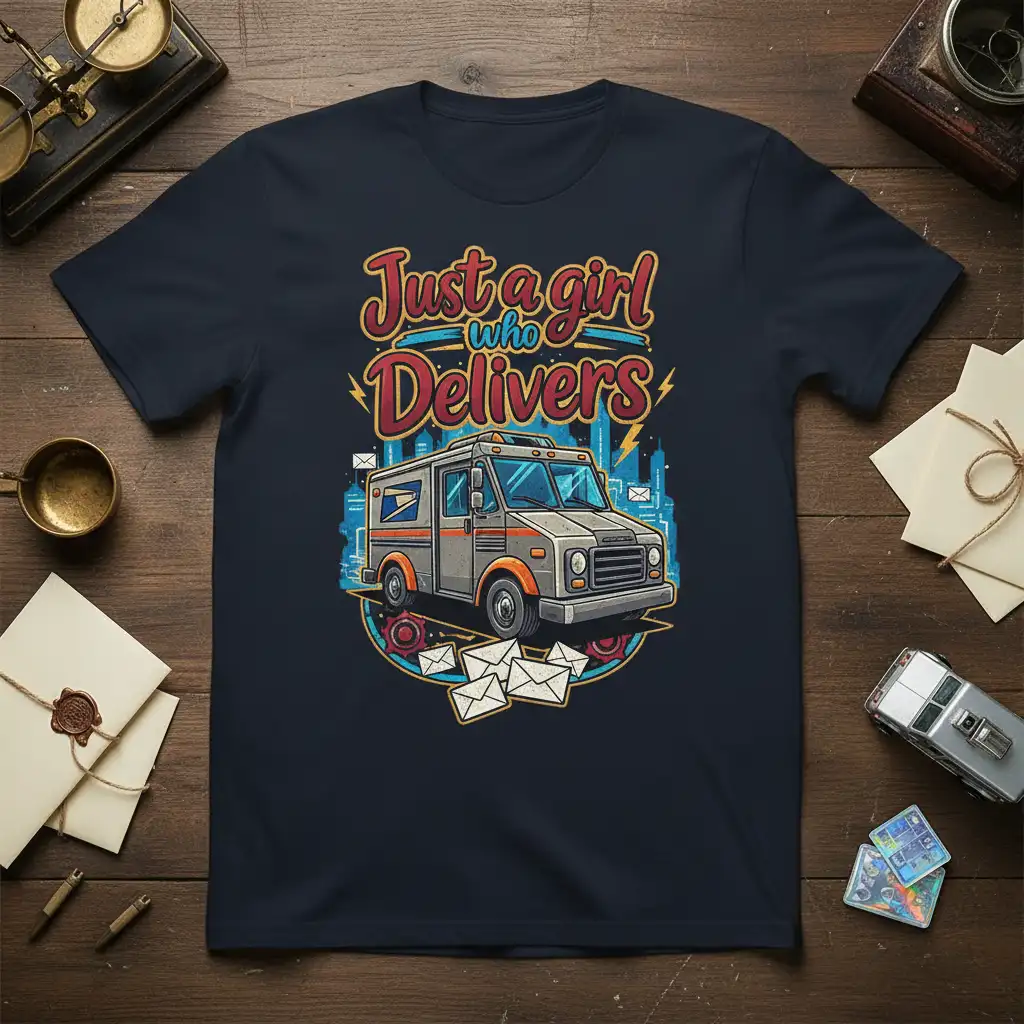 Just a girl who Delivers quote on a t-shirt featuring a postal truck and envelopes
