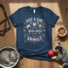 Just A Girl Who Loves Animals t-shirt with horse, cat, and dog icons and decorative elements