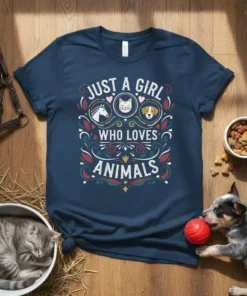 Just A Girl Who Loves Animals t-shirt with horse, cat, and dog icons and decorative elements