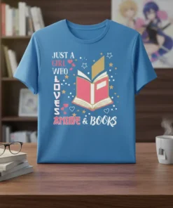Just A Girl Who Loves Anime & Books quote with open book graphic and stars on a blue t-shirt