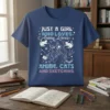 T-shirt design featuring the quote "JUST A GIRL WHO LOVES Anime, Loves ANIME, CATS AND SKETCHING" with anime girl, cats