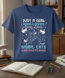 T-shirt design featuring the quote "JUST A GIRL WHO LOVES Anime, Loves ANIME, CATS AND SKETCHING" with anime girl, cats