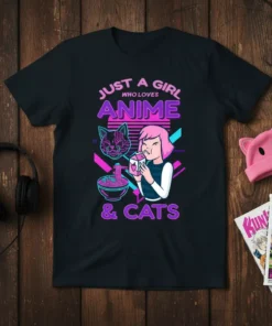 Just a girl who loves anime and cats text with a girl eating ramen and a cat graphic on a