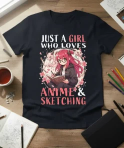 Just A Girl Who Loves Anime & Sketching t-shirt with anime girl reading and drawing surrounded by mythical creatures and