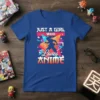 Just A Girl Who Loves Anime text design with silhouette of anime character and abstract shapes on a blue t-shirt