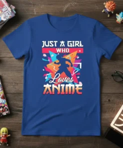 Just A Girl Who Loves Anime text design with silhouette of anime character and abstract shapes on a blue t-shirt