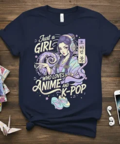 Just a Girl Who Loves Anime and K-Pop text with a stylized anime girl wearing headphones and a kimono