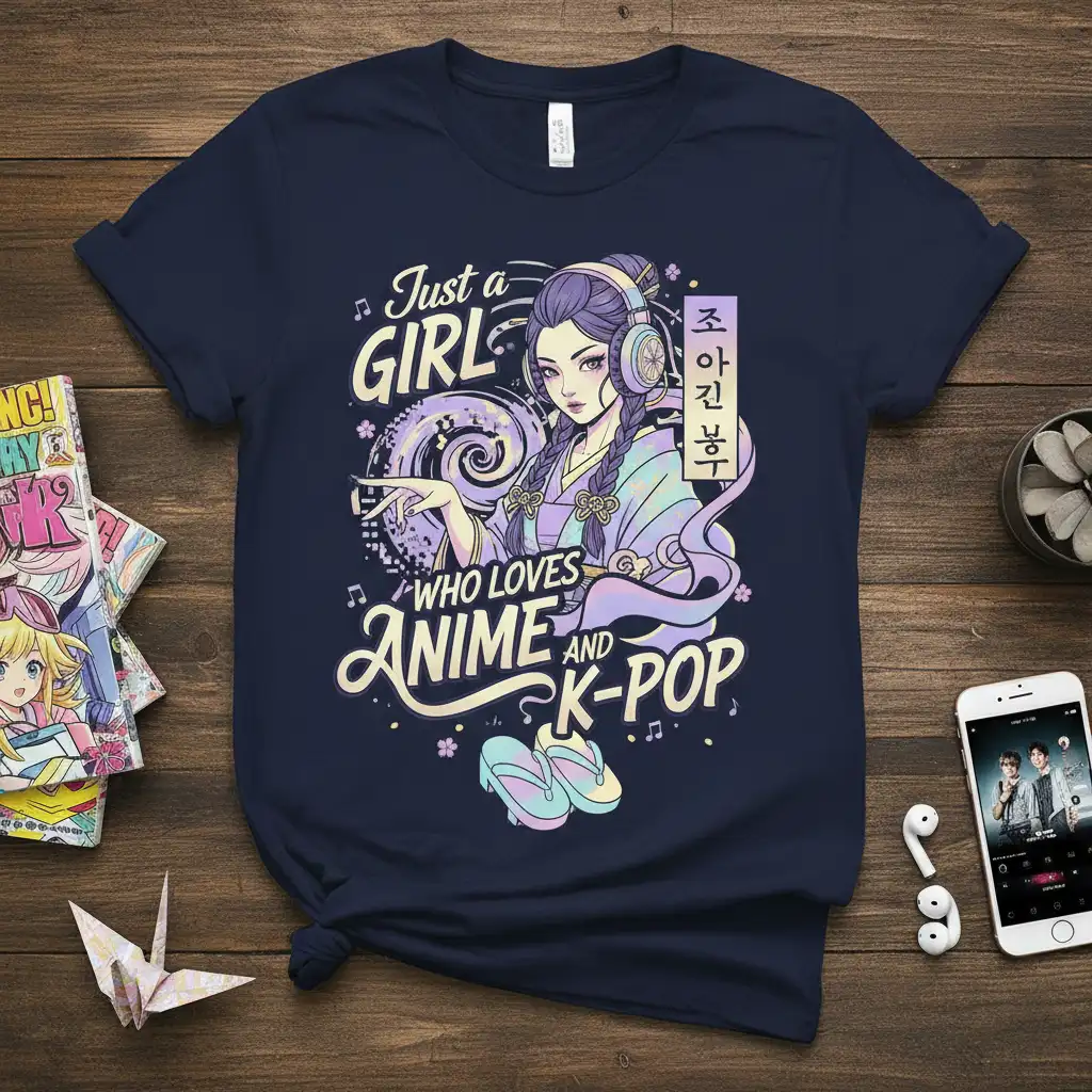 Just a Girl Who Loves Anime and K-Pop quote with anime girl and headphones on a t-shirt