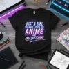 Just A Girl Who Loves Anime And Sketching text design with vibrant geometric accents on a black t-shirt