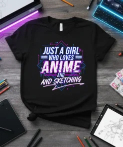 Just A Girl Who Loves Anime And Sketching text design with vibrant geometric accents on a black t-shirt