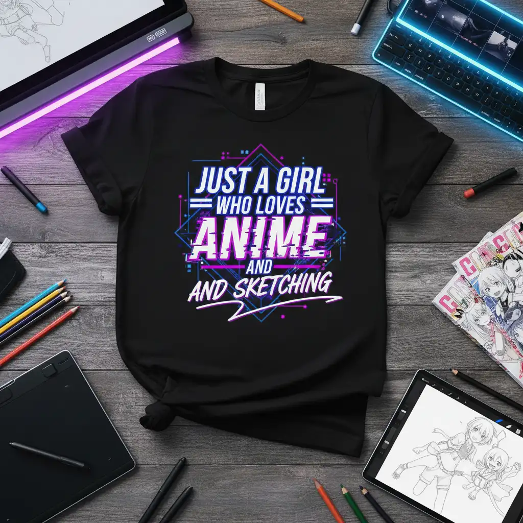 Just A Girl Who Loves Anime And Sketching text design with geometric shapes on a black t-shirt for artists and anime fans