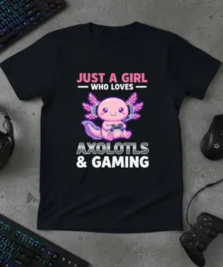 Cute axolotl character wearing headphones and holding a game controller, with text "JUST A GIRL WHO LOVES AXOLOTLS & GAMING"