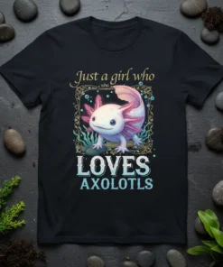 Just a girl who LOVES AXOLOTLS text with a cute axolotl graphic on a black t-shirt