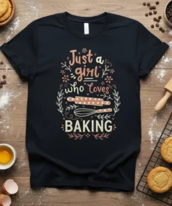 Just a girl who loves BAKING quote on a black t-shirt with baking graphics