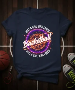 Just a Girl Who Loves Basketball t-shirt with neon glow graphic and text