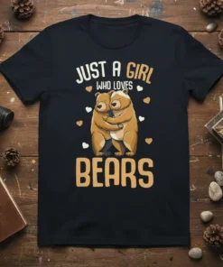 Just a Girl Who Loves Bears t-shirt design with two hugging cartoon bears and heart accents