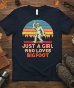 Just A Girl Who Loves Bigfoot retro sunset t-shirt design with Sasquatch graphic