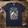 Just A Girl Who Loves Birds t-shirt design with two cockatiels and pink flowers