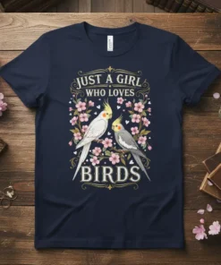 Just A Girl Who Loves Birds t-shirt design with two cockatiels and pink flowers