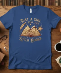 Just a girl who loves books quote t-shirt with an open book, feather, glasses, and coffee cup graphic
