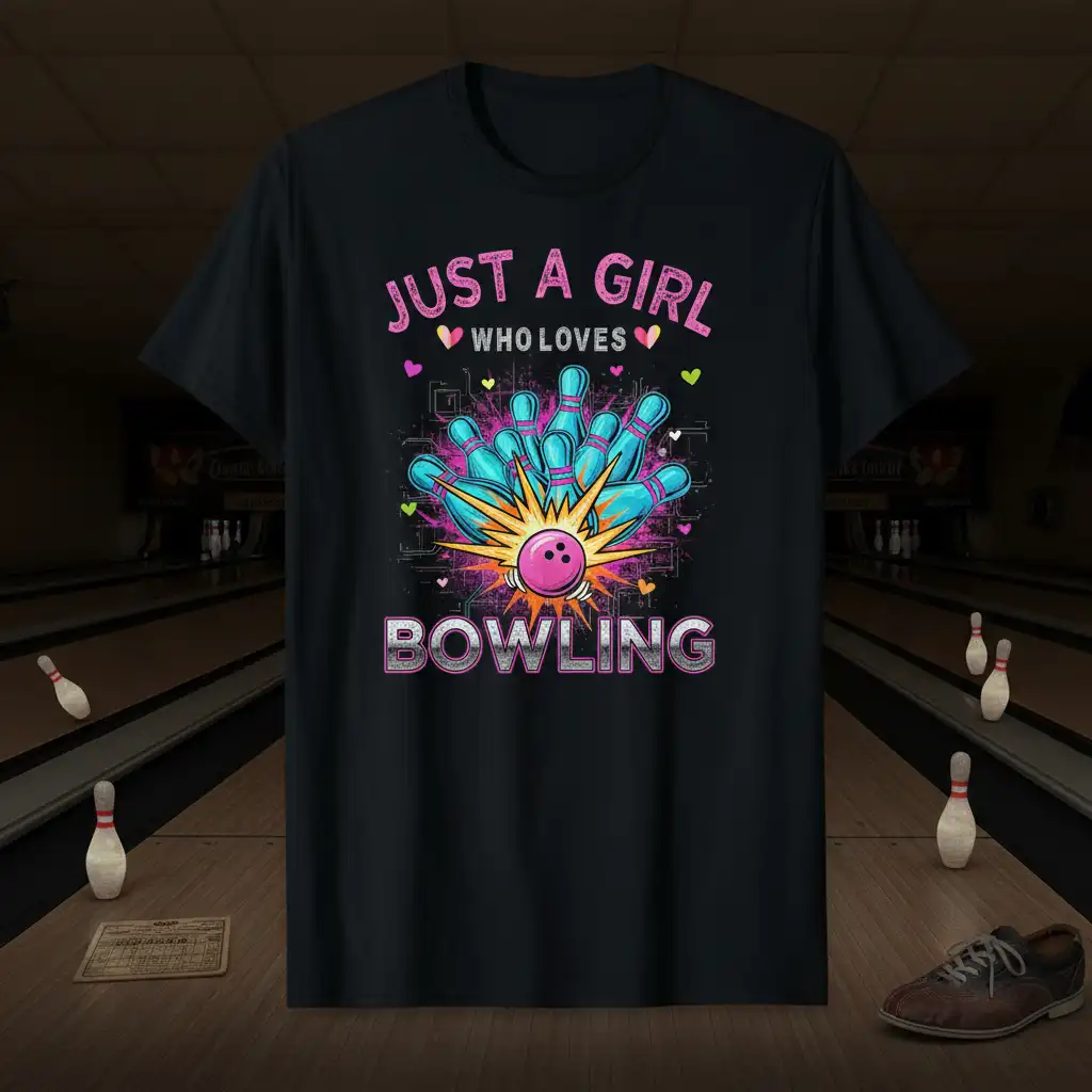 Just A Girl Who Loves Bowling quote with dynamic bowling ball and pins graphic