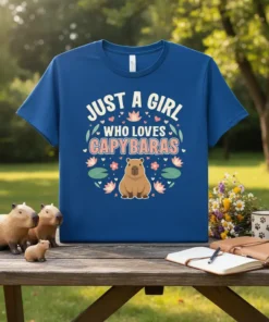 Just A Girl Who Loves Capybaras text with a cute capybara illustration on a blue t-shirt