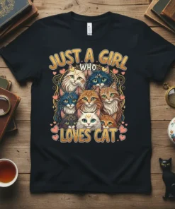 Just A Girl Who Loves Cat text with a group of colorful cats illustration on a black t-shirt