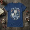 Just a Girl Who Loves Cats text with three illustrated cats and floral border on a navy blue t-shirt